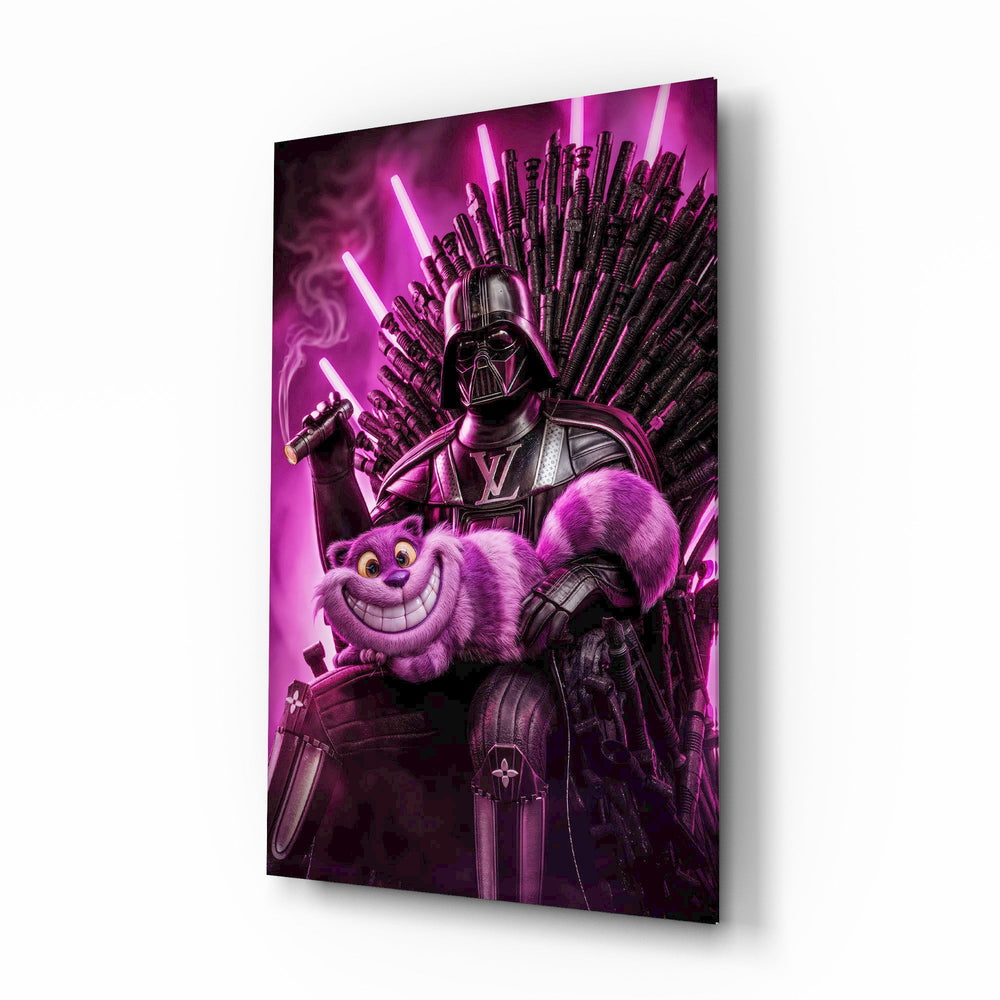 Darth Vader Iron Throne cinematic glass wall art over walnut console in designer entertainment den