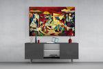 Crimson and ochre Guernica cinematic glass wall art in masculine-luxe study