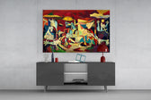 Crimson and ochre Guernica cinematic glass wall art in masculine-luxe study