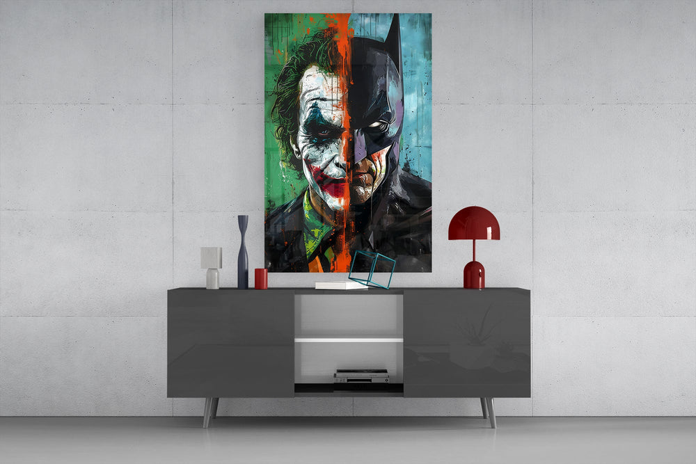Batman cowl pop cinematic glass wall art in masculine-luxe study
