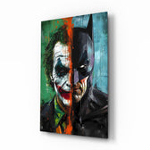 Joker Batman split portrait cinematic glass wall art over walnut console in designer entertainment den