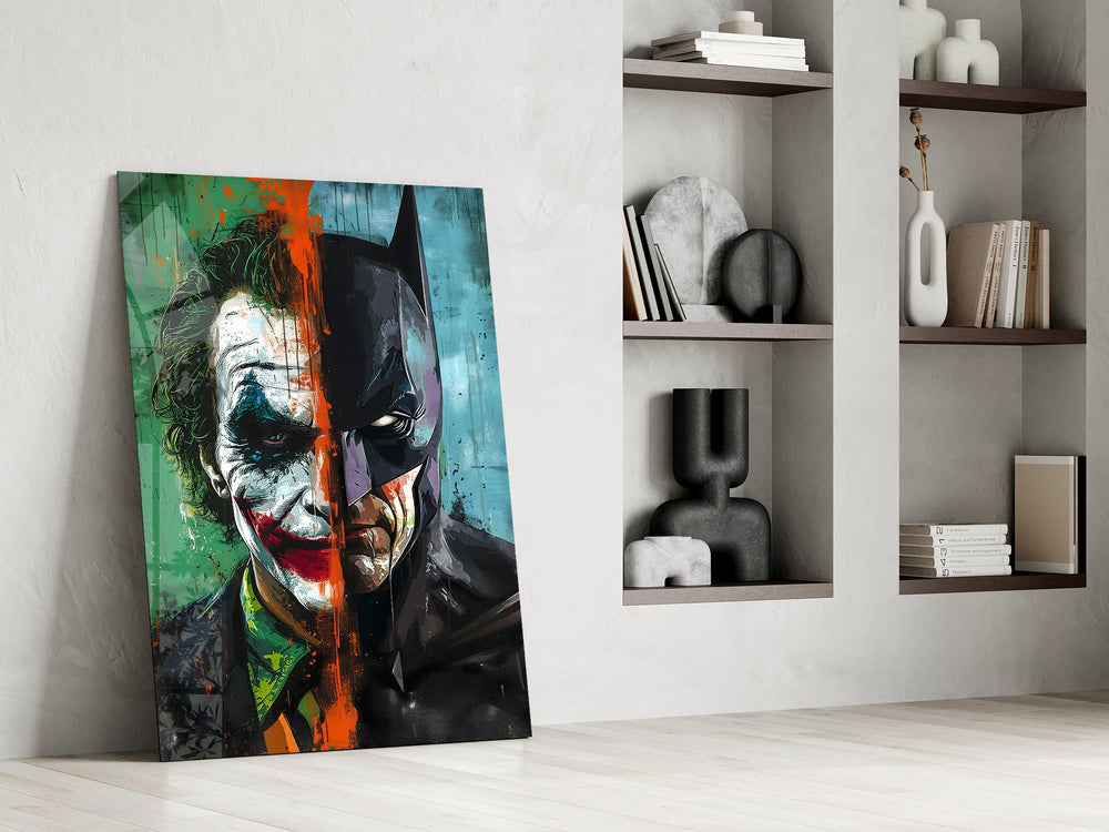 Heath Ledger Joker cinematic glass wall art in private library reading nook
