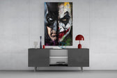 Joker-Batman duality cinematic glass wall art in masculine-luxe study