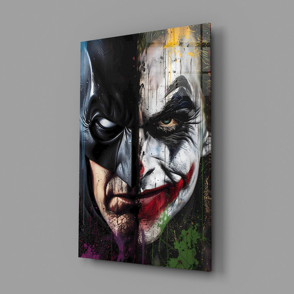 Dark Knight pop graffiti cinematic glass wall art in teen Batman-fan bedroom