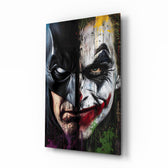 Joker Batman morph cinematic glass wall art over walnut console in designer entertainment den