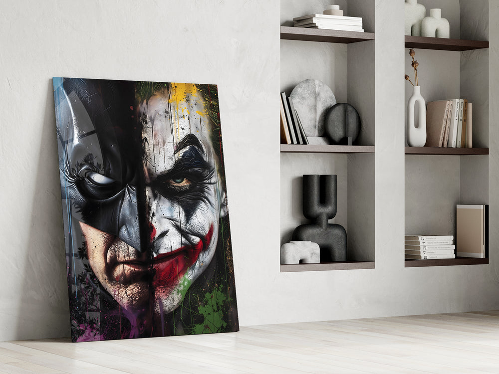 Batman cowl half cinematic glass wall art in private library reading nook