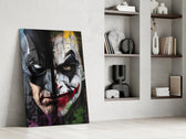 Batman cowl half cinematic glass wall art in private library reading nook