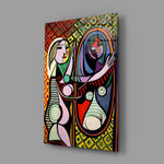 Modernist masterwork cinematic glass wall art in museum-style heritage hallway