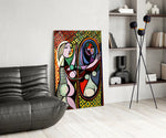 Picasso reproduction cinematic glass wall art over modern dining sideboard