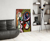 Picasso reproduction cinematic glass wall art over modern dining sideboard