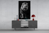 Apex roar cinematic glass wall art in masculine-luxe study