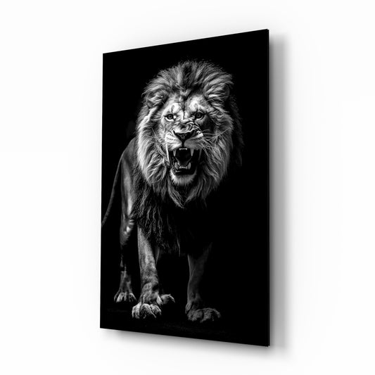 Roaring lion cinematic glass wall art over walnut console in designer office