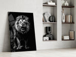 Nick-Brandt-style cinematic glass wall art in mountain-cabin great room