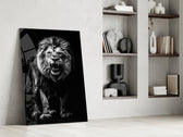 Nick-Brandt-style cinematic glass wall art in mountain-cabin great room