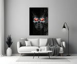 Scarlet flame-eye cinematic glass wall art in heritage stairwell