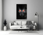 Scarlet flame-eye cinematic glass wall art in heritage stairwell