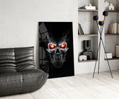Demon skull cinematic glass wall art over modern bar console