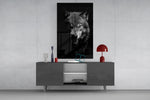 Lone hunter cinematic glass wall art in boutique-hotel lounge