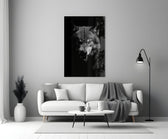 Black-and-white wolf cinematic glass wall art in heritage stairwell