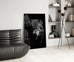 Snarling wolf cinematic glass wall art over modern dining sideboard