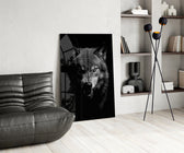 Snarling wolf cinematic glass wall art over modern dining sideboard