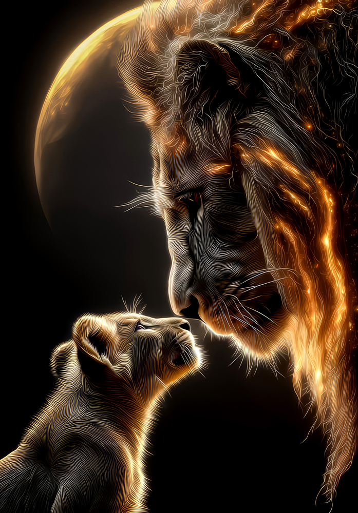 Lion and Cub Fire Glass Wall Art