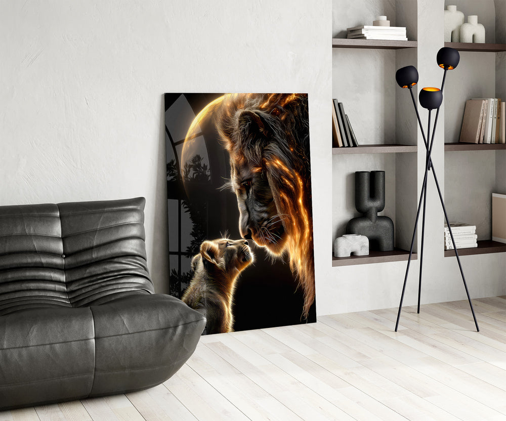 Saffron-moon lion cinematic glass wall art over modern dining sideboard