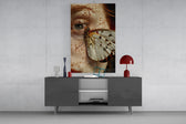 Beauty-fantasy cinematic glass wall art in light-filled atelier