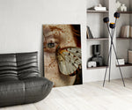 Close-up freckle cinematic glass wall art over modern dining sideboard