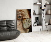 Close-up freckle cinematic glass wall art over modern dining sideboard