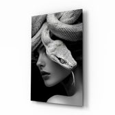 Snake headdress goth muse cinematic glass wall art over walnut console in designer fashion atelier