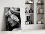 Stoic Medusa cinematic glass wall art in private library reading nook