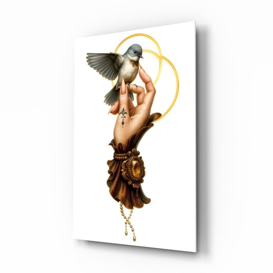 Art Nouveau bird on hand cinematic glass wall art over walnut console in designer fashion atelier