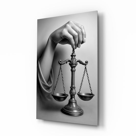 Scales of justice hand cinematic glass wall art over walnut console in designer law office