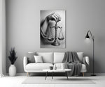 Bronze-scale-of-justice cinematic glass wall art in heritage stairwell