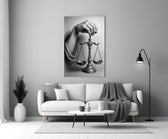 Bronze-scale-of-justice cinematic glass wall art in heritage stairwell