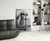 Renaissance allegory cinematic glass wall art over modern dining sideboard