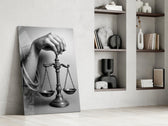 Lady-Justice tribute cinematic glass wall art in private library reading nook