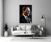 Graphic-pop tribute cinematic glass wall art in heritage stairwell