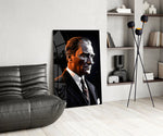 Cosmic-portrait cinematic glass wall art over modern dining sideboard