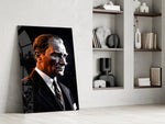 Turkish founder cinematic glass wall art in masculine-luxe study