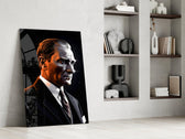 Turkish founder cinematic glass wall art in masculine-luxe study