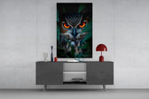 Fine-art fantasy cinematic glass wall art in boutique-hotel lounge