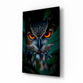 Owl in foliage cinematic glass wall art over walnut console in designer office