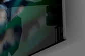 Horned owl close-up cinematic glass wall art in private library
