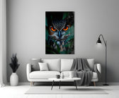 Saffron-eye owl cinematic glass wall art in heritage stairwell