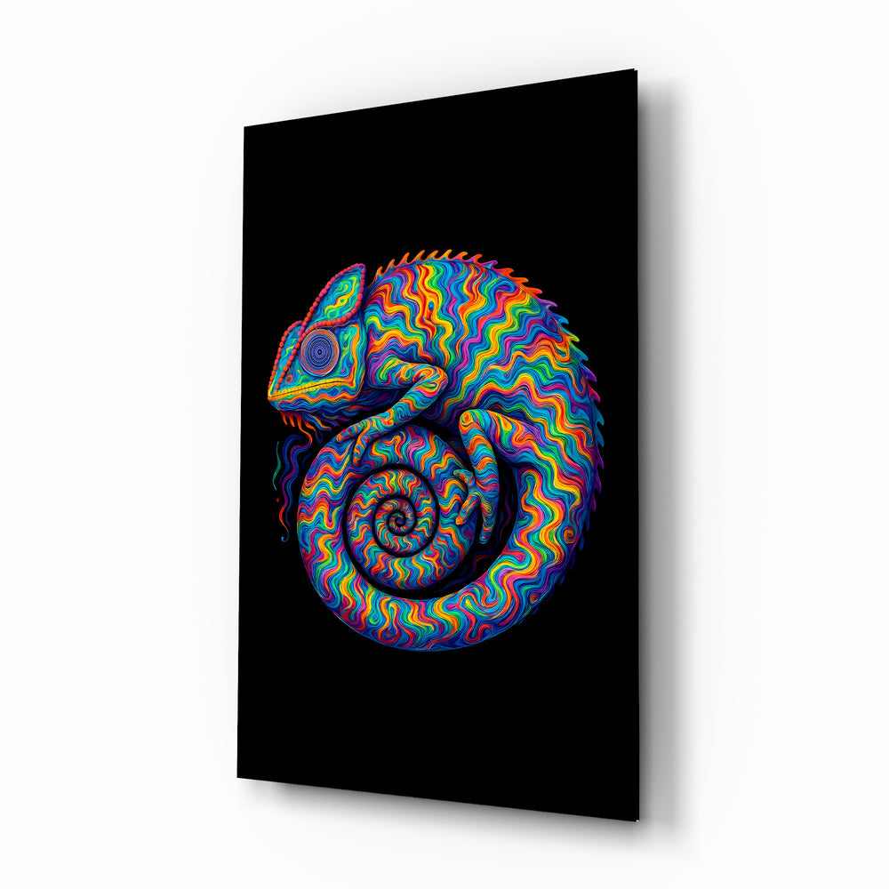 Psychedelic rainbow chameleon cinematic glass wall art over walnut console in designer entertainment den