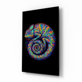 Psychedelic rainbow chameleon cinematic glass wall art over walnut console in designer entertainment den