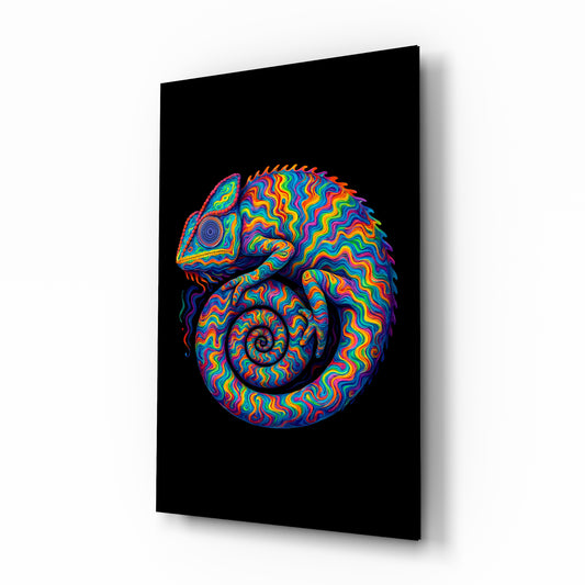 Psychedelic rainbow chameleon cinematic glass wall art over walnut console in designer entertainment den