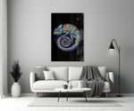 Peter-Max-style cinematic glass wall art in heritage stairwell